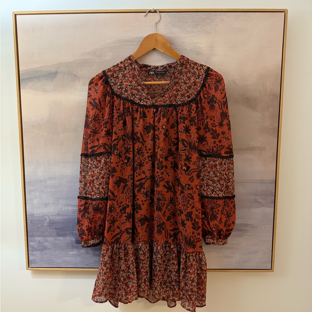 Zara Rust Floral Long Sleeve Dress